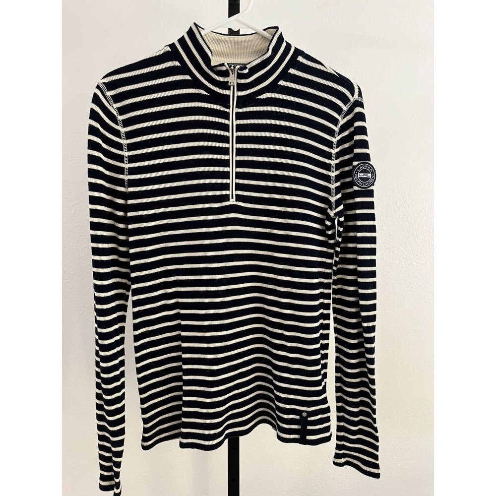 EUC Lauren Ralph Lauren Striped Ribbed Cotton Mock Neck Zip Sweater